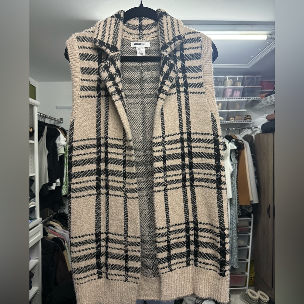 William Rast Black and Cream Plaid Cardigan Vest